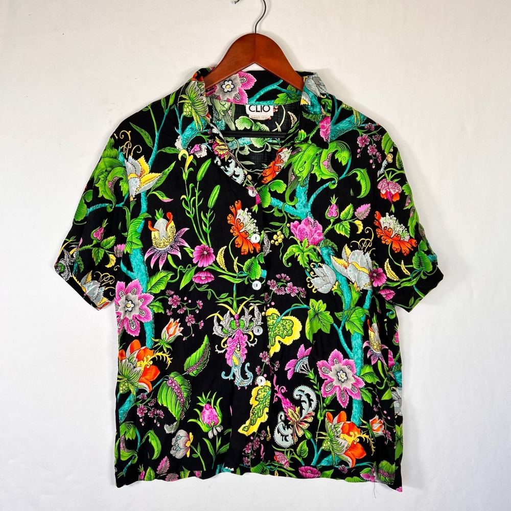 Clio Vintage Tropical Floral Rayon Button Up Shirt Black Neon Pink Medium USA